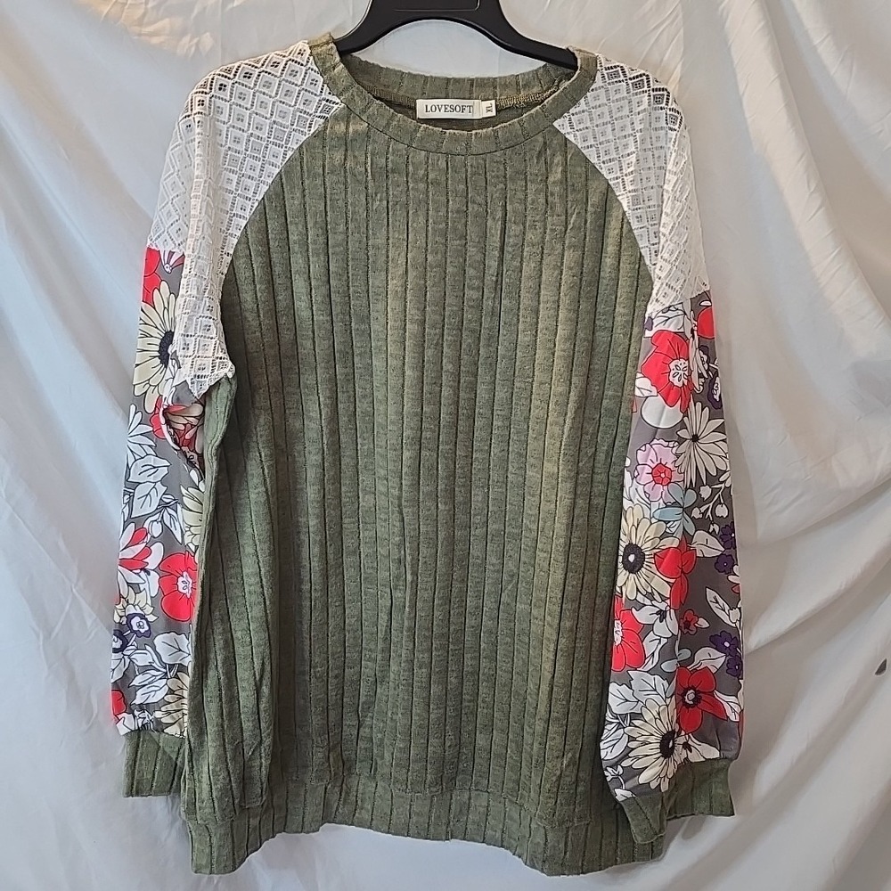 Lovesoft Laurel Green‎ Long Floral Sleeves Ribbed Pullover Sweater Sz XL Boho